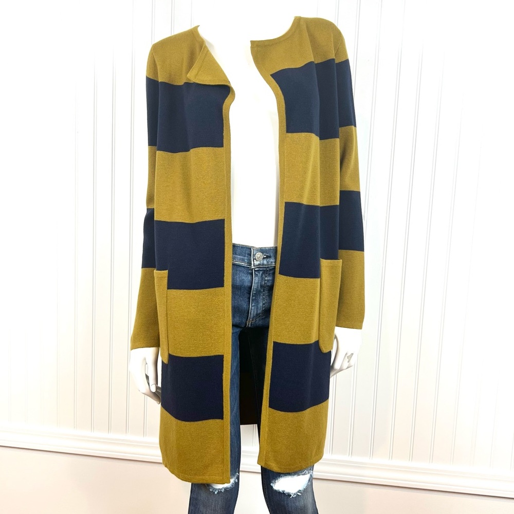 J. Crew Long Cardigan Sweater Wool Blend Open Front Pockets Women XS Striped